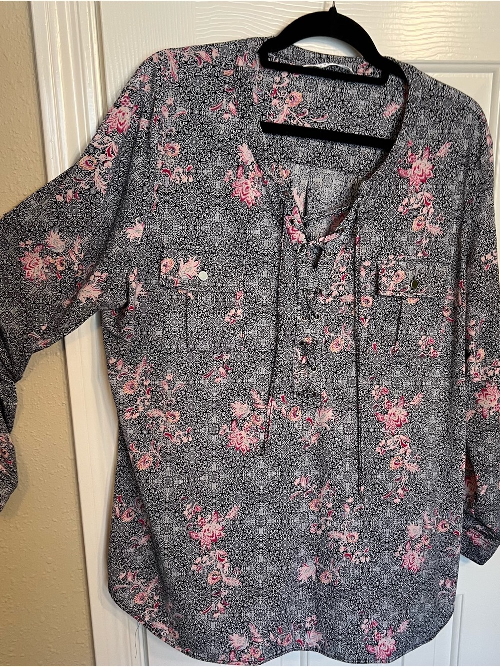 Peter Nygard Black and Pink Floral Tie-Neck Blouse